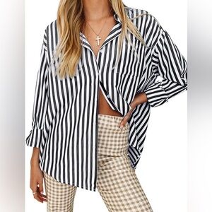 Striped Long Sleeve Button Down Shirt Loose Fit Casual Top Size medium